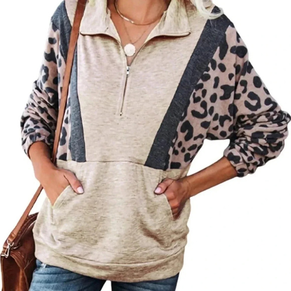 Leopard Gray & Black Quarter Zip Pullover with Pockets Relaxed Fit Size Large - Picture 1 of 11